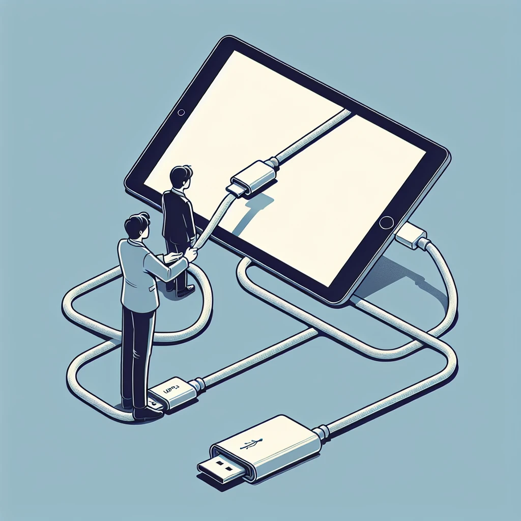 Two figures connecting a USB cable to a tablet in a stylized illustration.