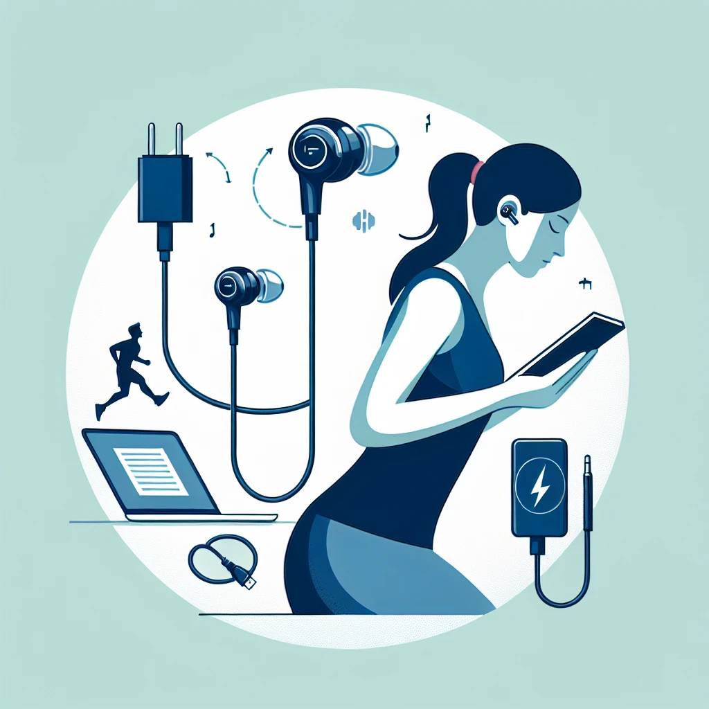 A woman in workout attire using a tablet with headphones while exercising, surrounded by technology elements.