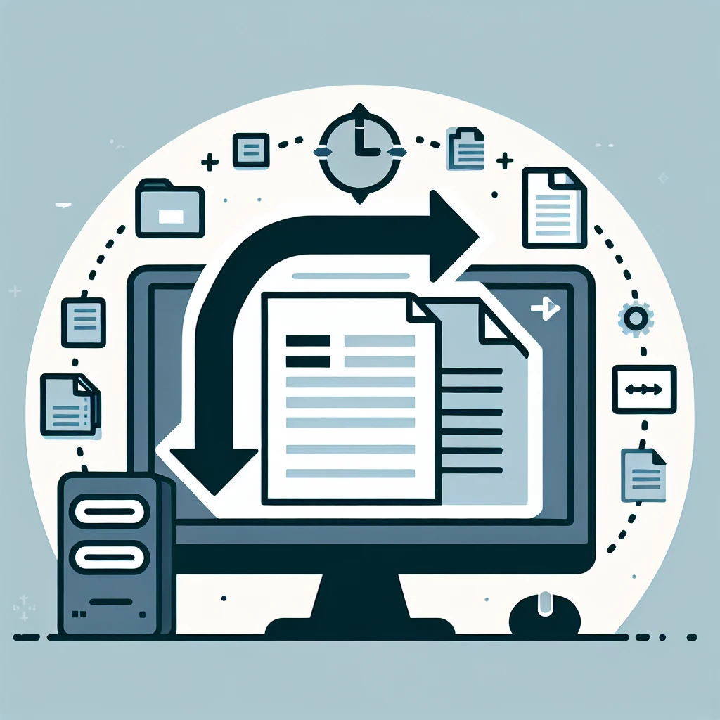 Illustration of a computer screen displaying document transfer with arrows and file icons.