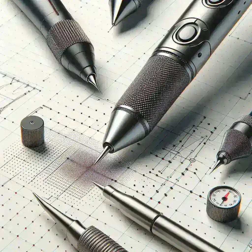 A collection of silver technical drawing instruments arranged on a grid paper background.