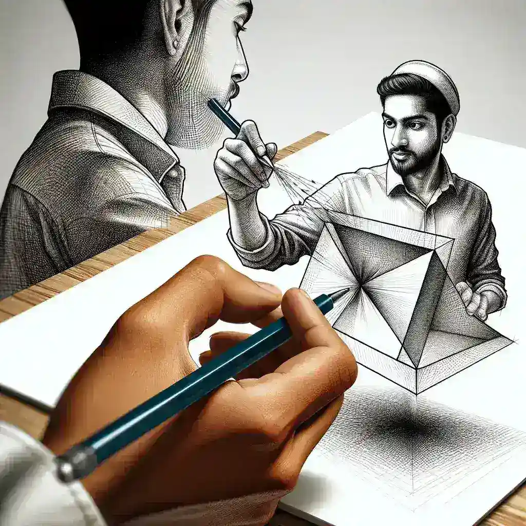 A detailed illustration of a man sketching a 3D pyramid with a pencil on paper.