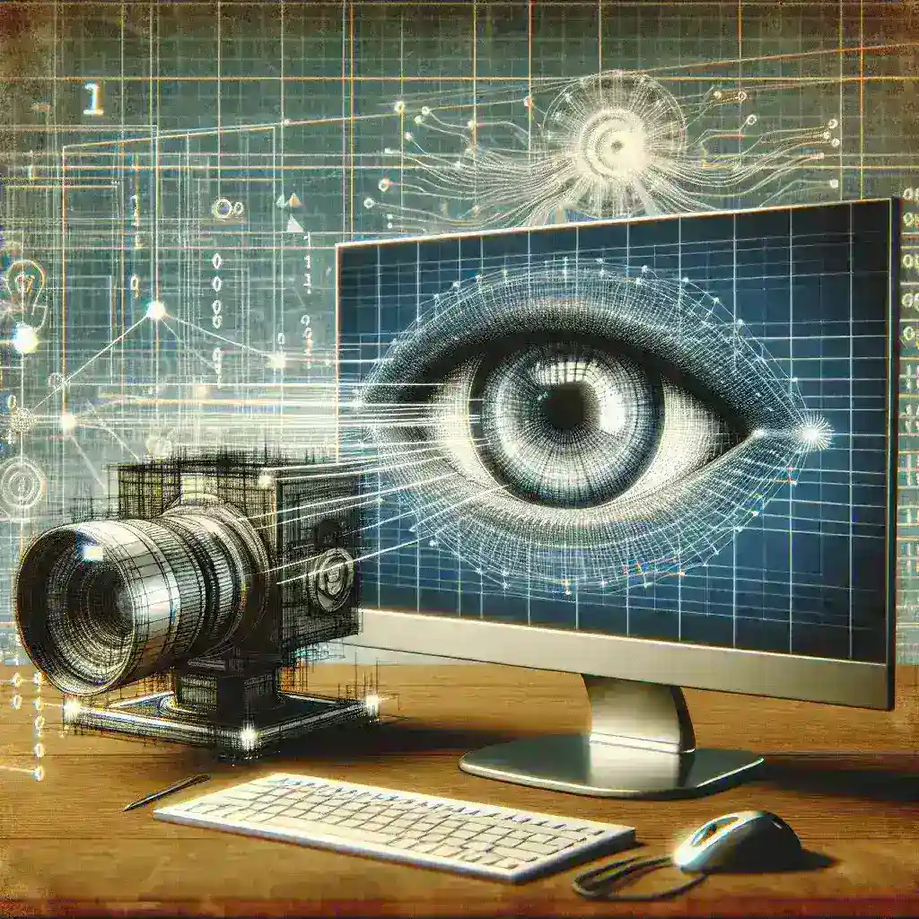 Illustration of a computer monitor displaying an eye graphic next to a camera on a desk.