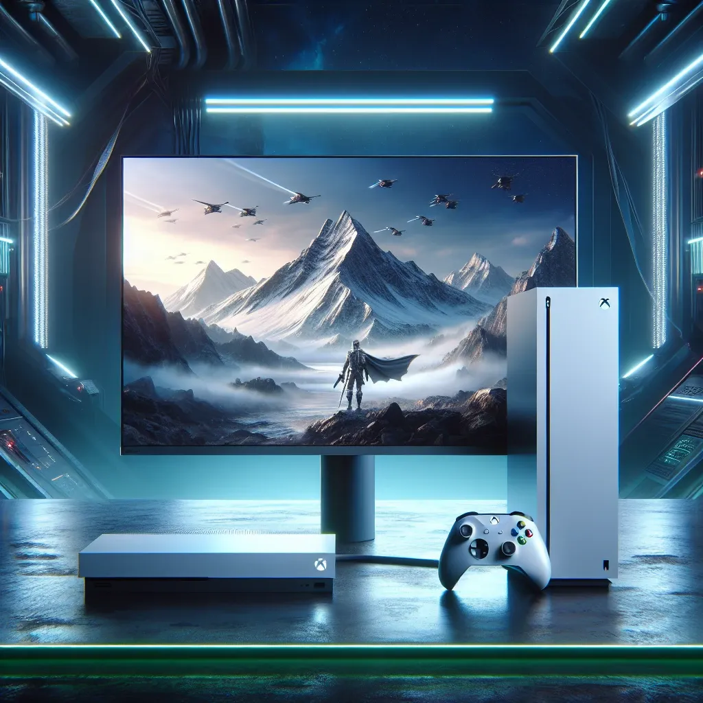Xbox Series X console, monitor displaying a mountain landscape, and an Xbox controller on a table.