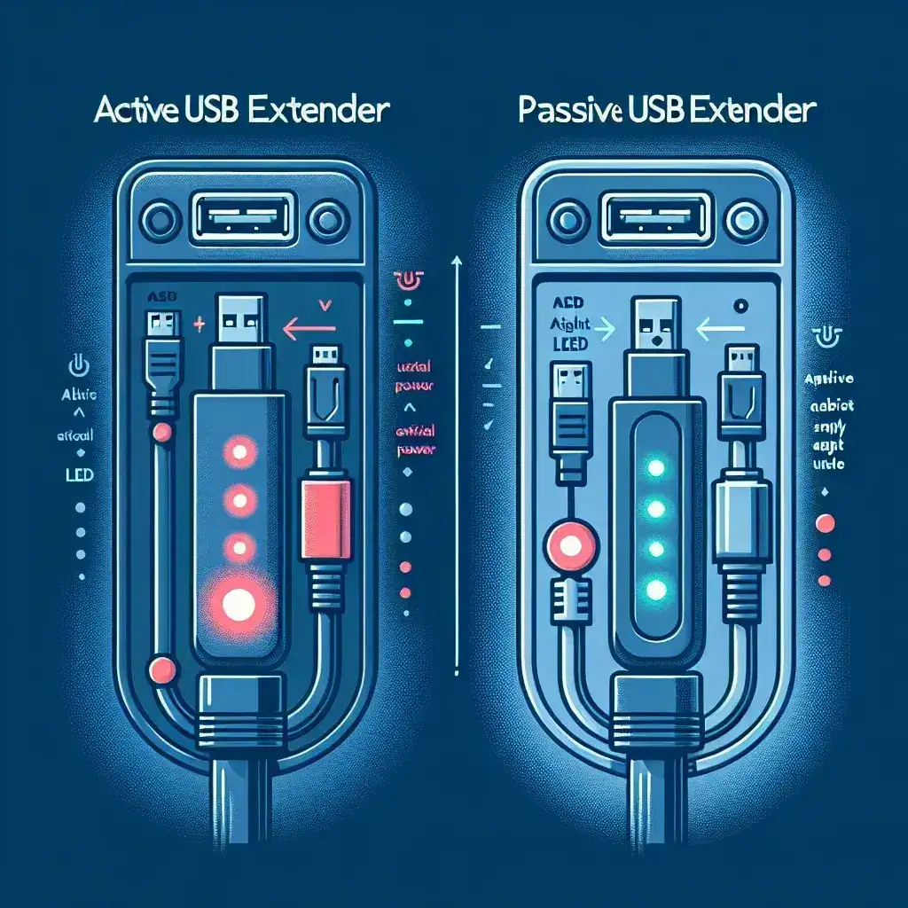Illustration comparing active and passive USB extenders with labeled components and LED indicators.