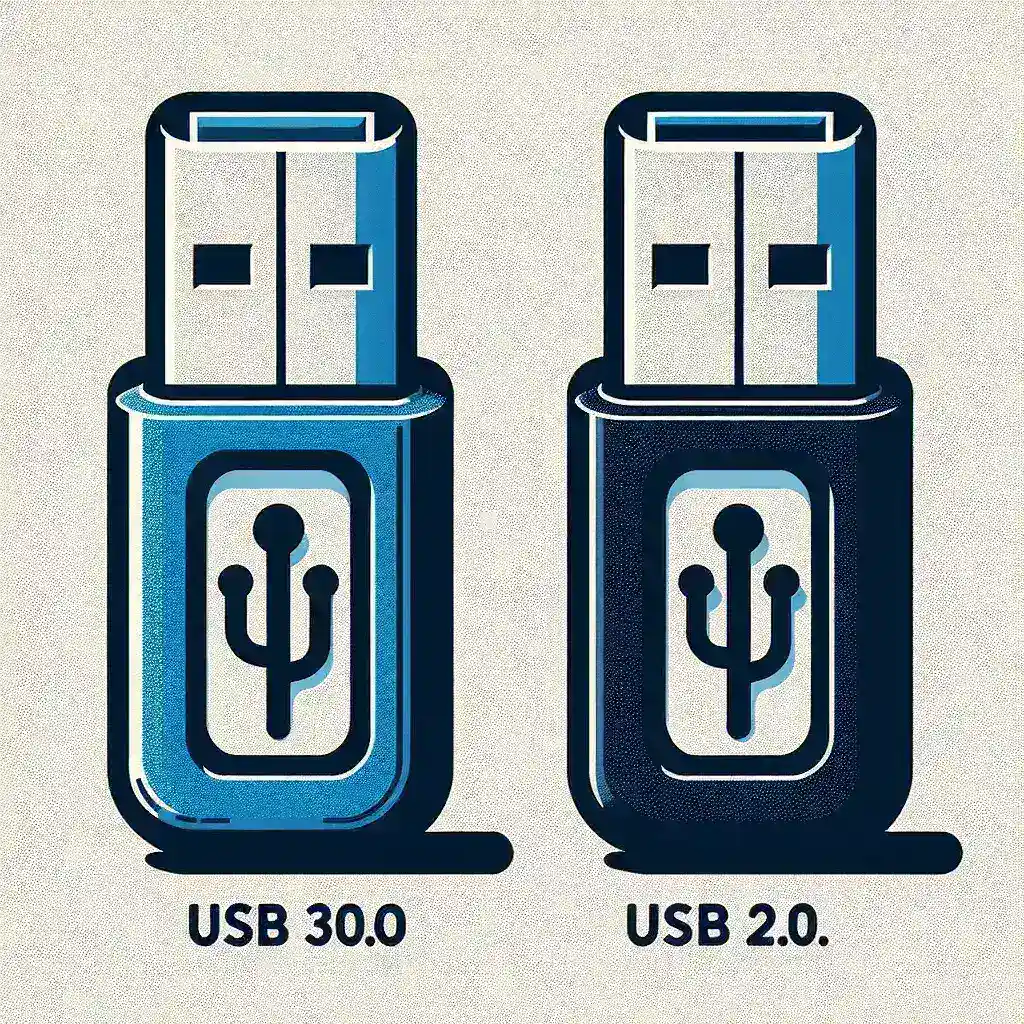 Illustration of USB 3.0 and USB 2.0 connectors side by side with distinct colors.