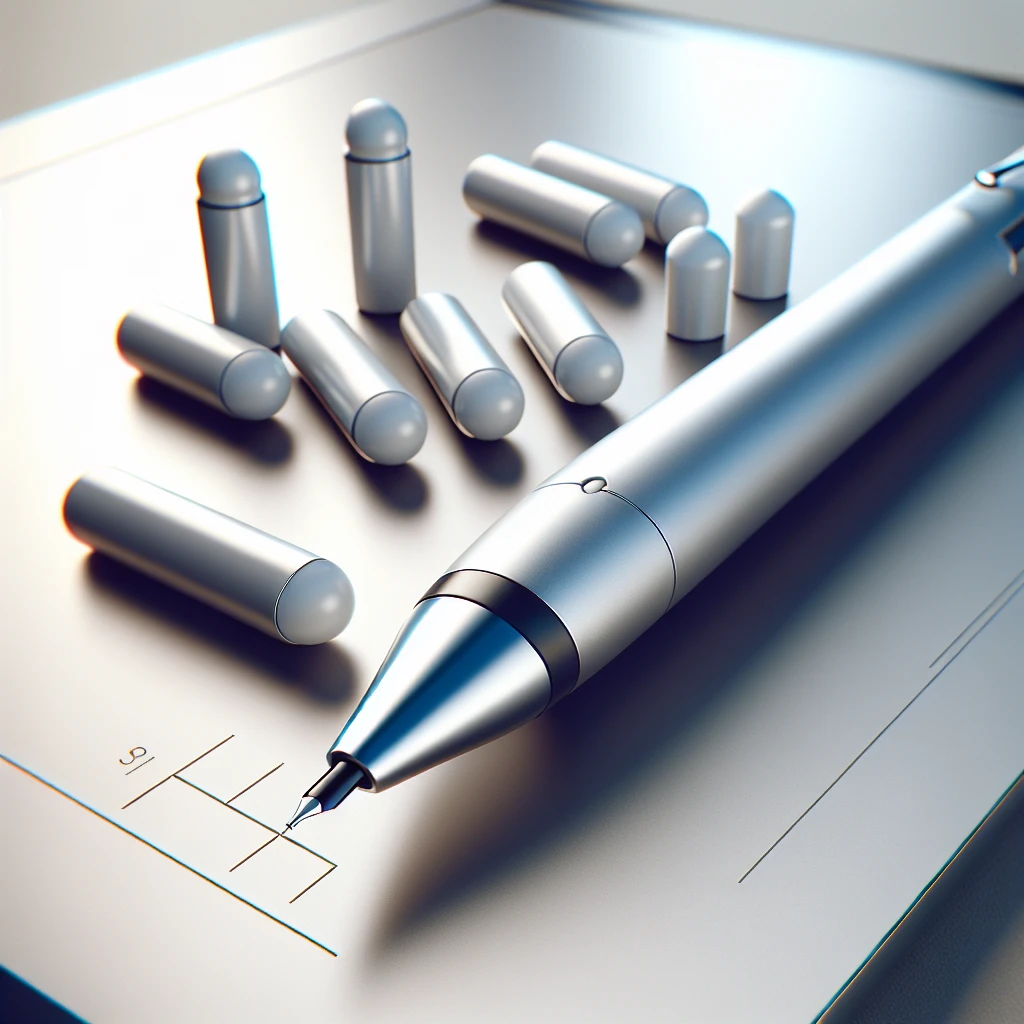 A silver stylus pen positioned near several white cylindrical objects on a flat surface.