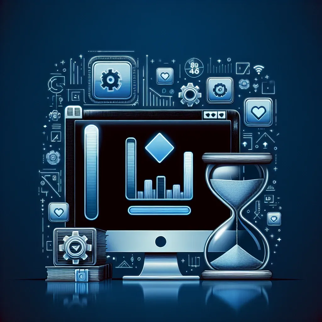 A computer monitor displaying a data visualization interface with an hourglass and various icons in the background.