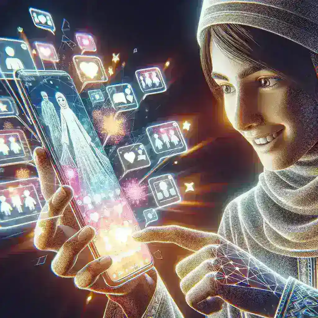 Individual wearing traditional attire interacting with a smartphone displaying digital icons and images.