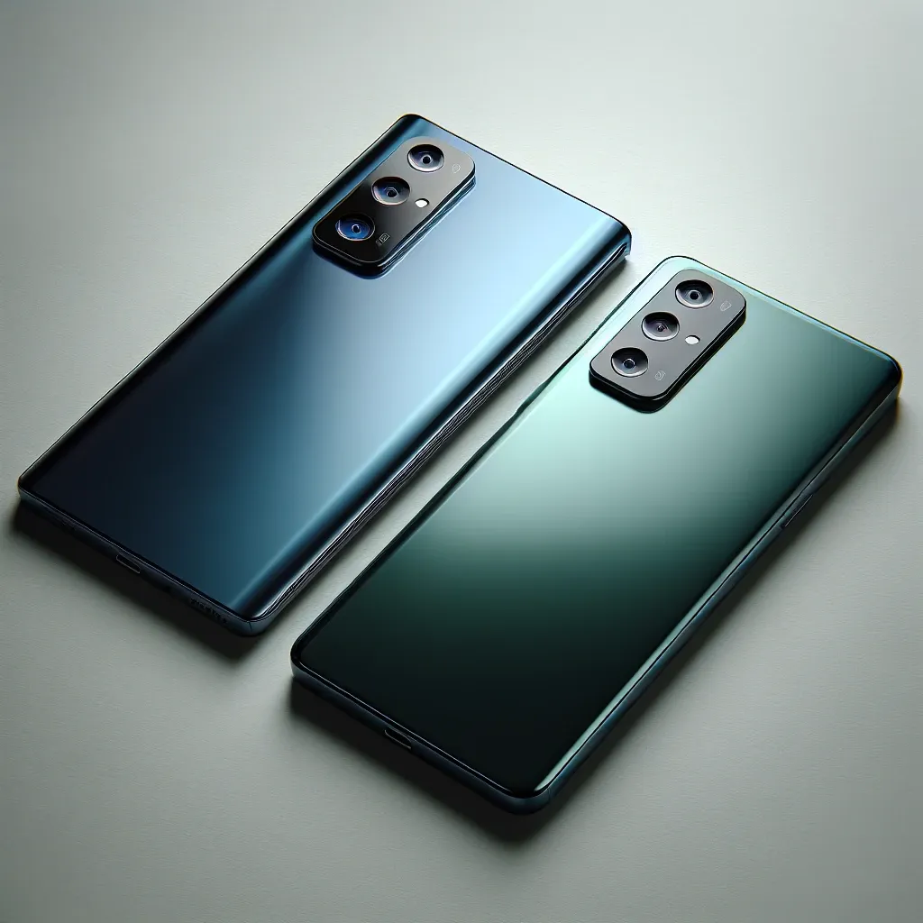 Two smartphones with dual camera setups on their rear sides, one in blue and the other in green.