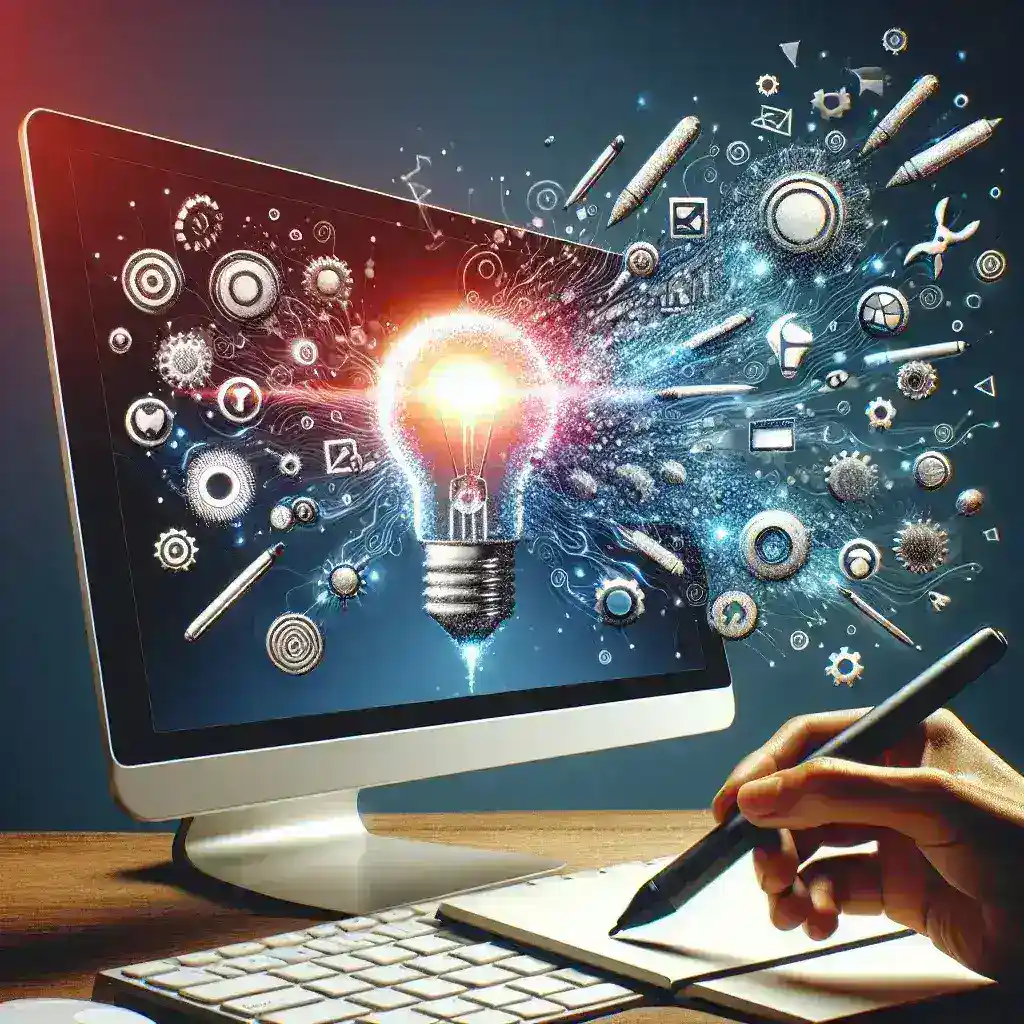 A computer monitor displaying a light bulb graphic with various creative icons and symbols emanating from it.