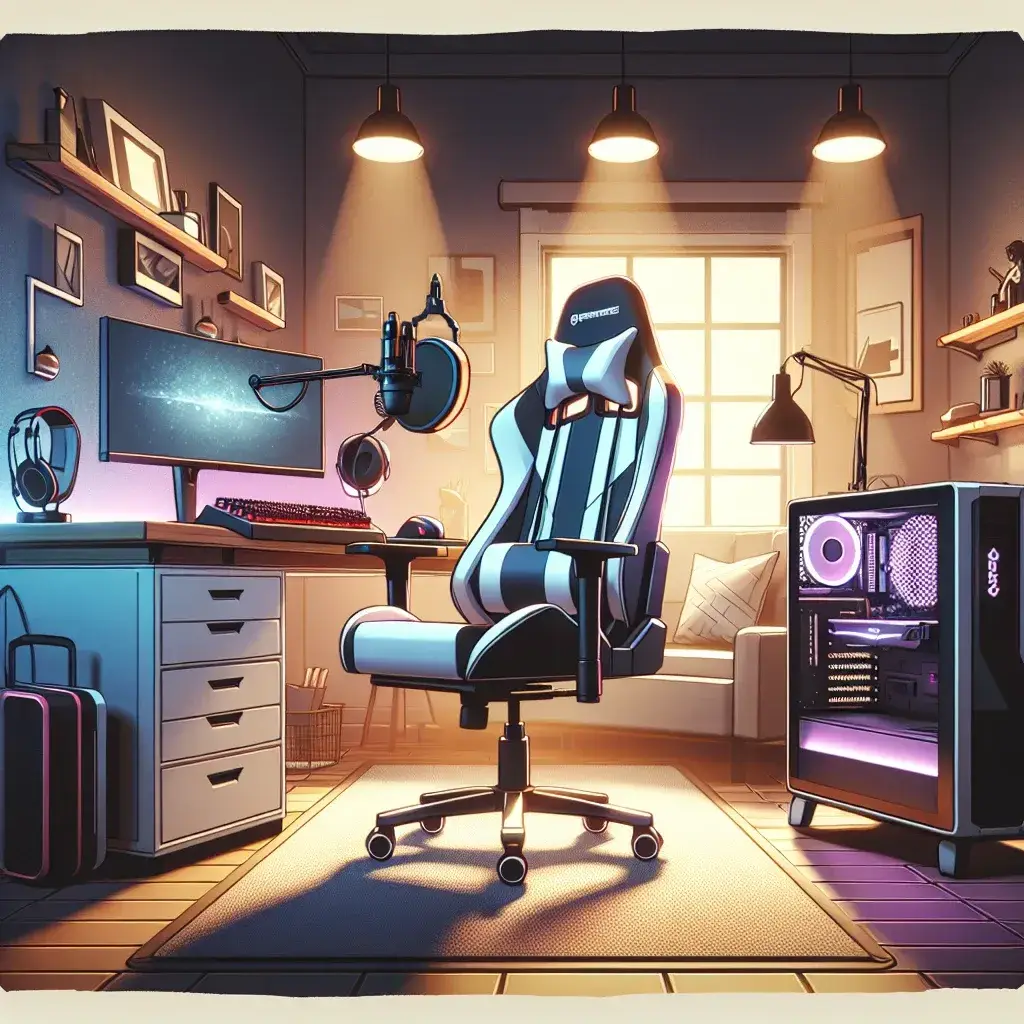 A gaming chair, computer, and accessories arranged in a room with warm lighting.