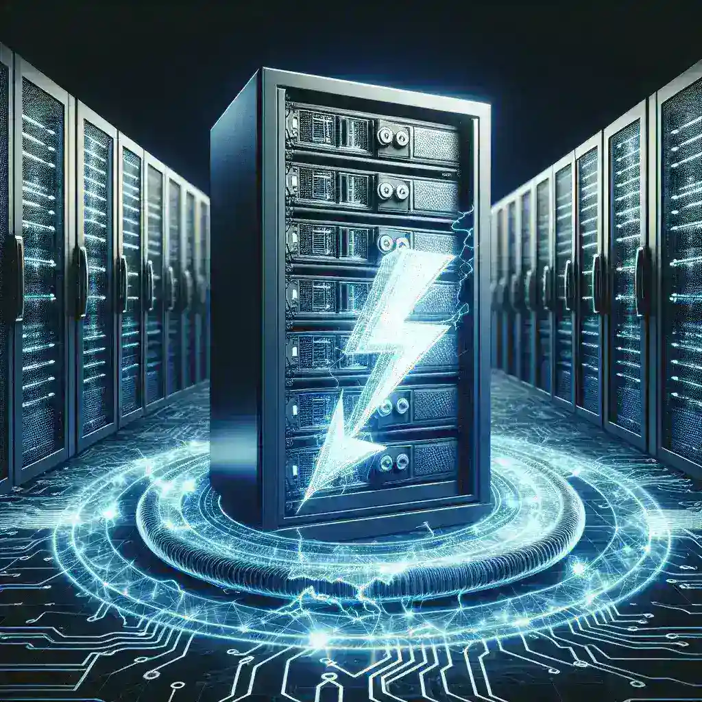 A data server surrounded by a glowing lightning symbol and circuit patterns.