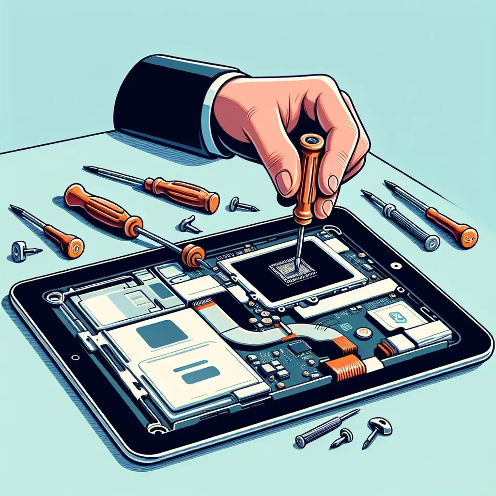 A hand using a screwdriver to repair the internal components of a tablet on a work surface.