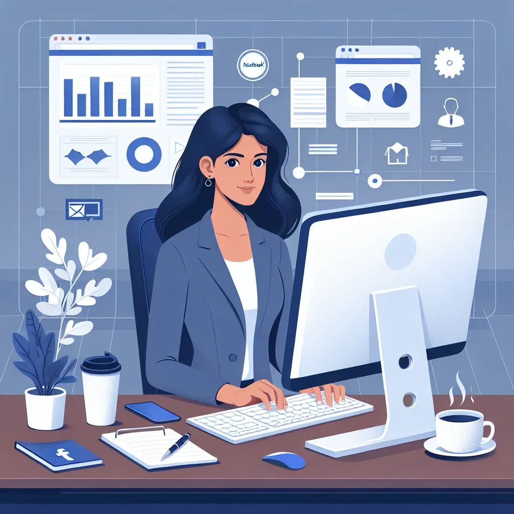 A woman in a blazer typing on a computer in an office environment with graphs and charts displayed on screens.