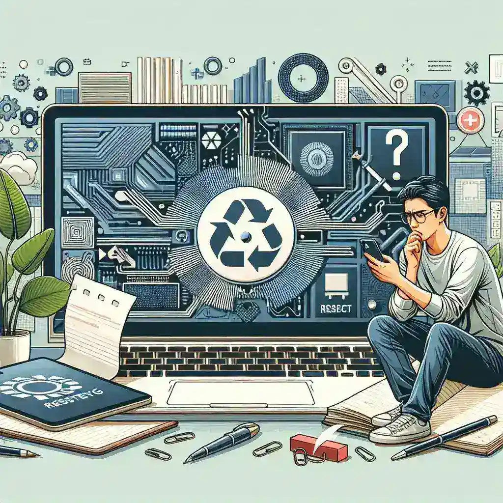 A person sitting next to a laptop with a recycling symbol and various tech elements in the background.