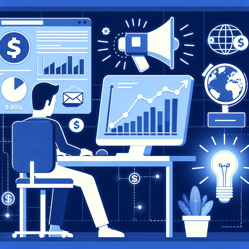 Illustration of a person working on a computer with marketing analytics and graphs displayed on the screen.
