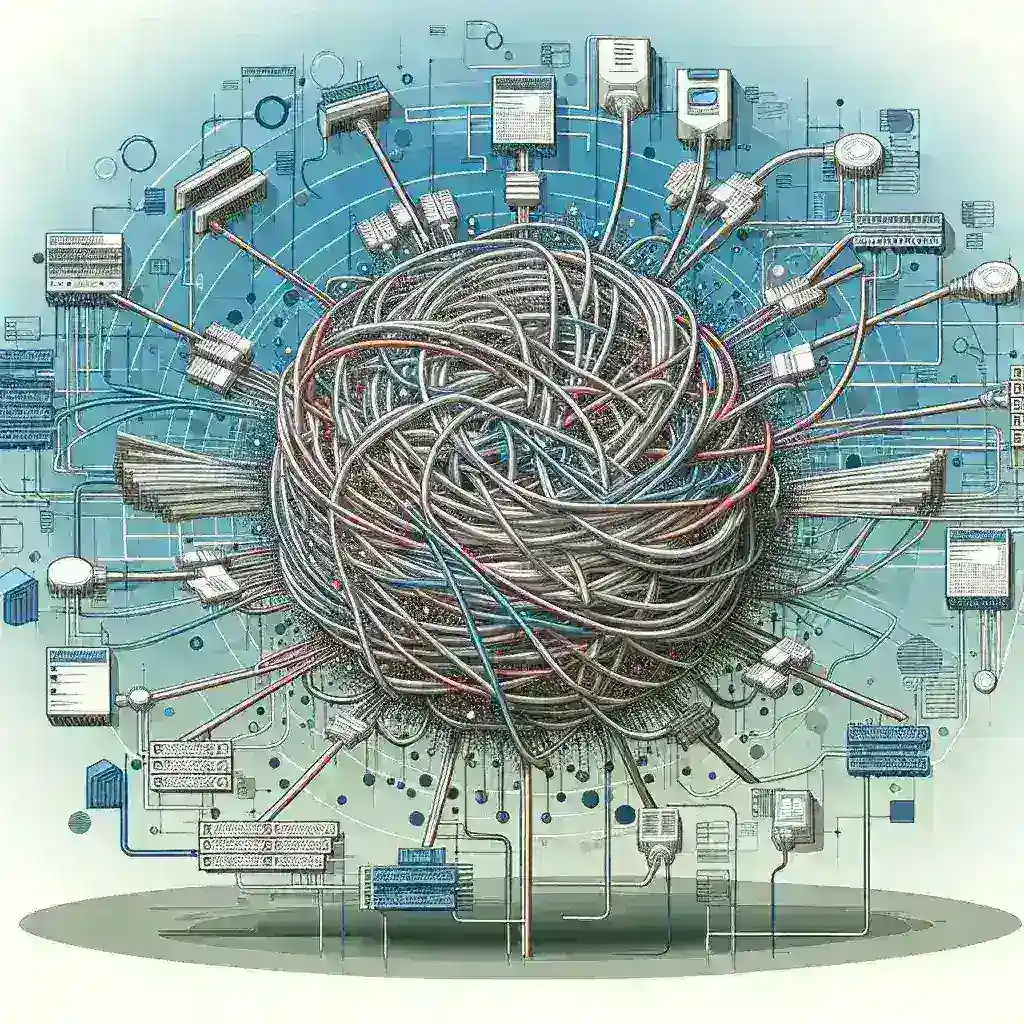 An abstract illustration of a tangled network of cables and connectors on a blue background.