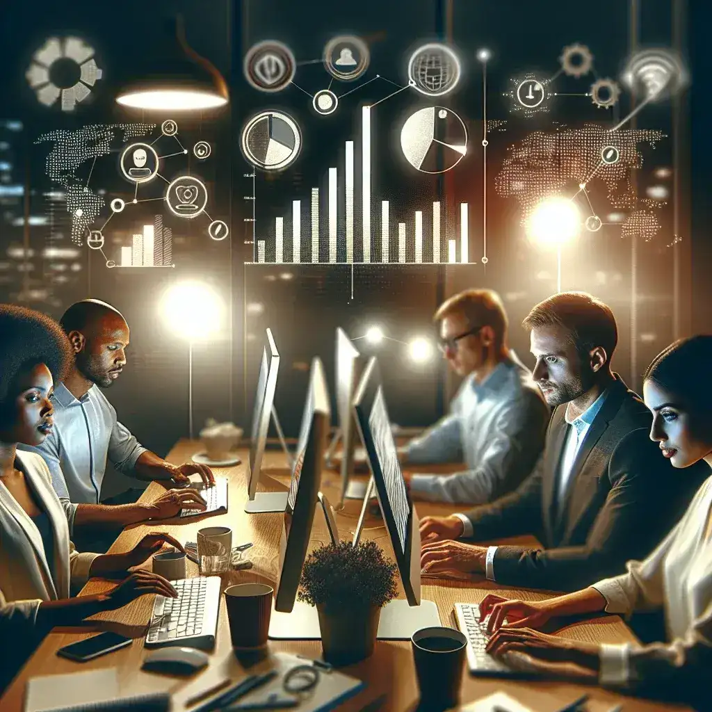 A group of five professionals focused on their computers in a dimly lit office environment with data visualizations in the background.