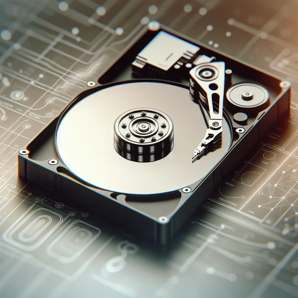 Close-up view of an internal hard drive showing its metallic components and platters.
