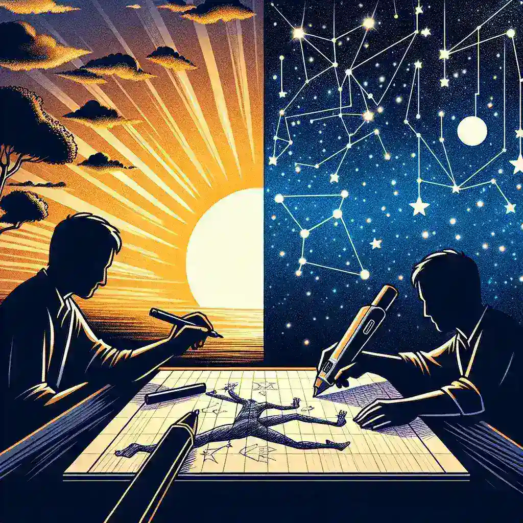 Illustration depicting two artists drawing on a canvas, one side showing a sunset and the other a starry night sky.