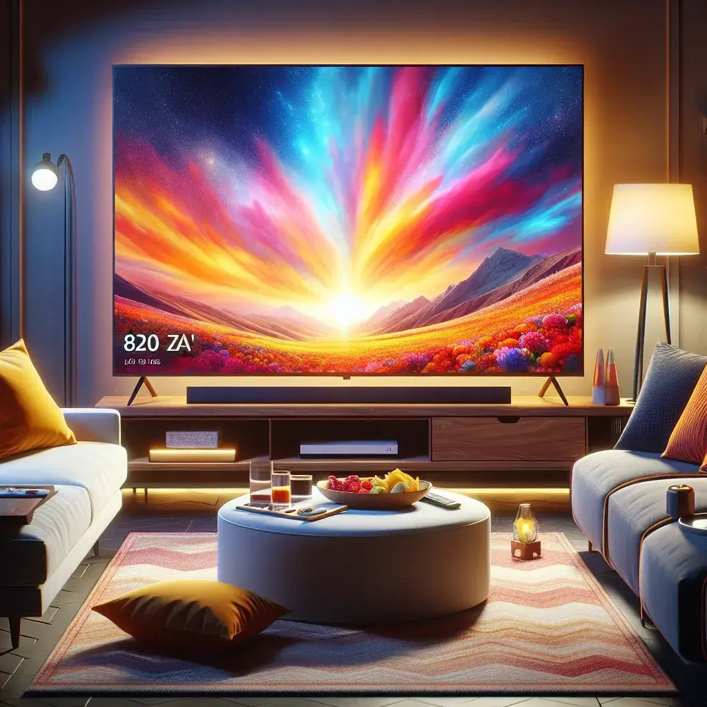 Large television screen showing a vibrant landscape with colorful clouds and a sunset.