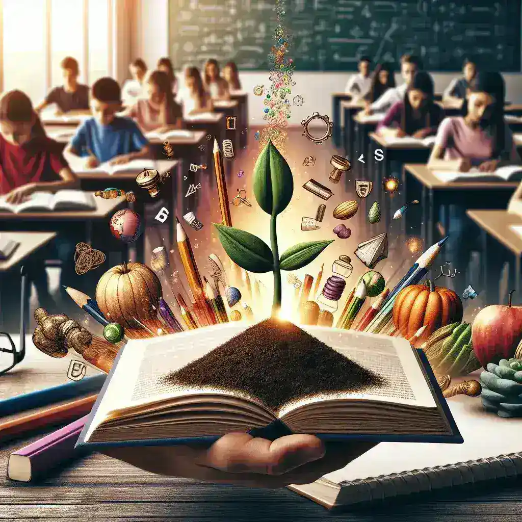An open book with a small plant growing from soil, surrounded by various educational symbols and items.