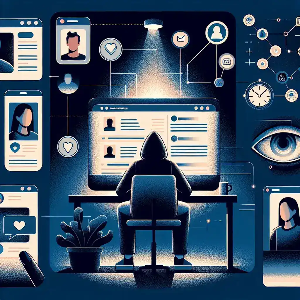 Illustration of a person sitting at a computer surrounded by social media icons and digital elements.