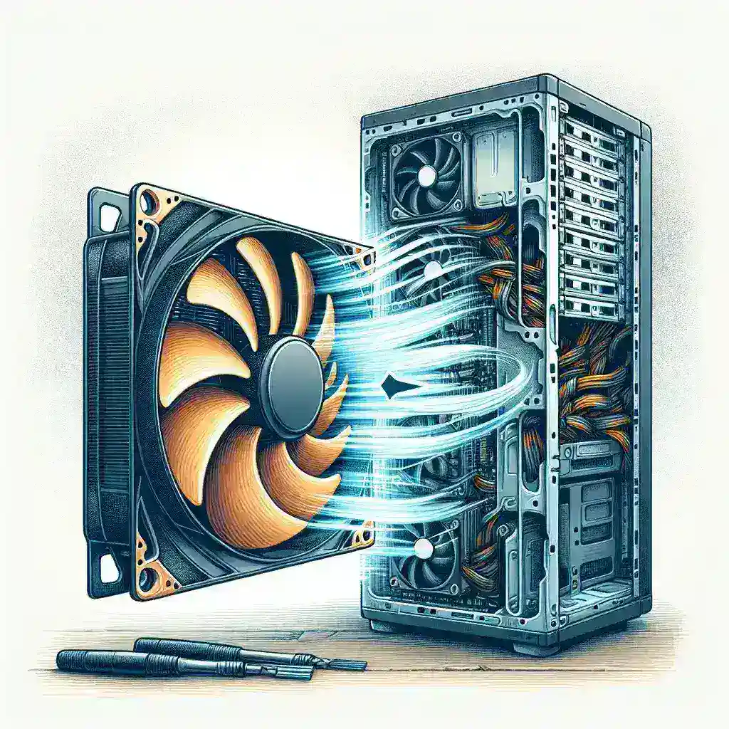 Illustration of a computer case with a large cooling fan and internal components visible.