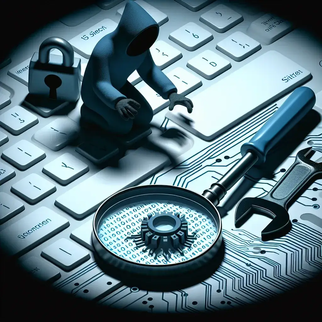 A figure resembling a hacker on a computer keyboard with a magnifying glass and tools on a circuit board.
