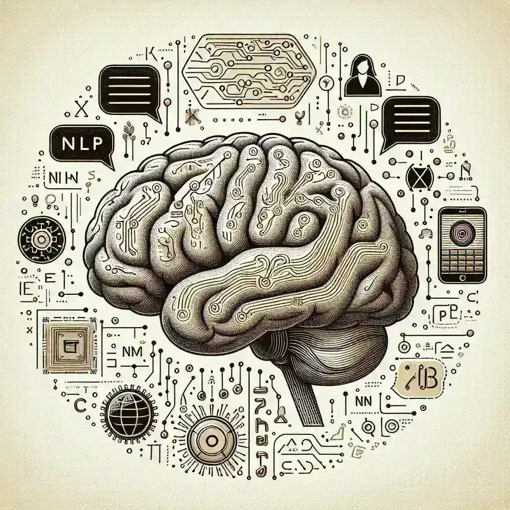 Illustration of a brain surrounded by various technology and data elements, including circuits and icons.