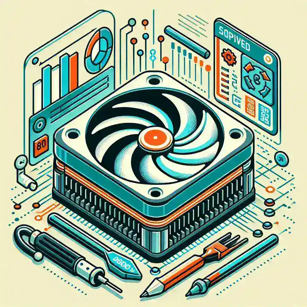 Illustration featuring a computer cooling fan surrounded by various technical components and tools.