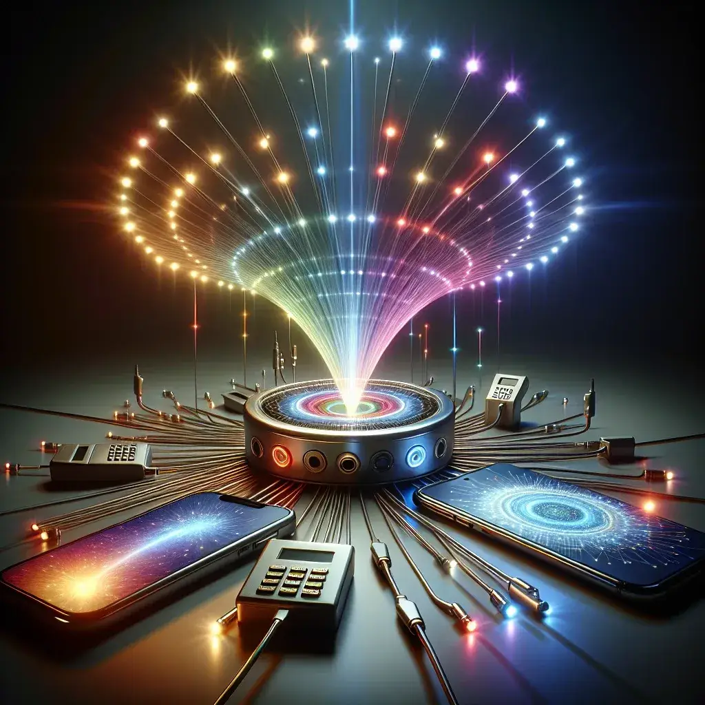 A digital connection hub with colorful lights and various devices connected by cables.