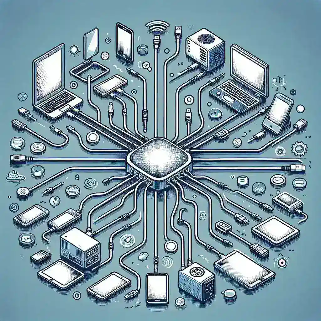 Illustration depicting various electronic devices and connections radiating from a central processor.