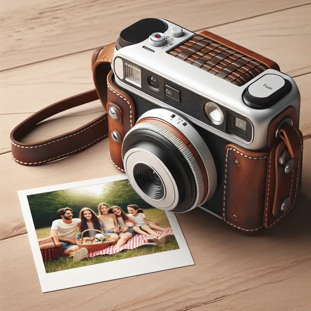 A vintage camera with a leather strap next to a printed photograph of a group of people.