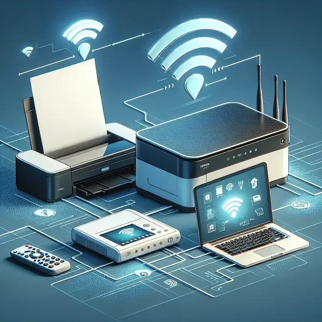 An arrangement of wireless technology devices including a printer, laptop, and remote control on a digital background.
