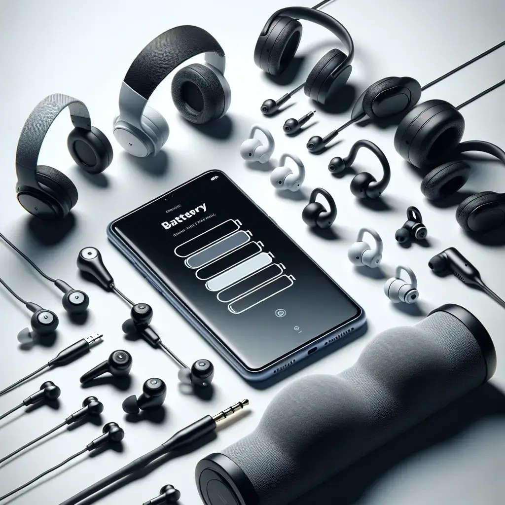 A collection of headphones, earbuds, and a smartphone showing battery status on the screen.