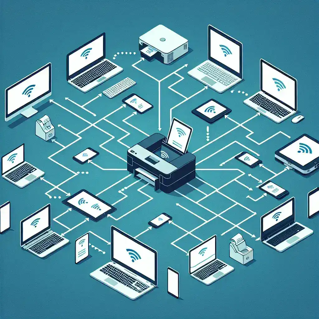 Illustration of a wireless network diagram featuring various devices connected to a printer.
