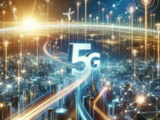 "Ilustrasi jaringan 5G yang cepat dan canggih, menampilkan perangkat mobil dan laptop yang terhubung dengan sinyal 5G, menggambarkan kecepatan tinggi dan tantangan teknologi 5G dalam artikel Seluk-Beluk Teknologi 5G: Kecepatan dan Tantangannya."