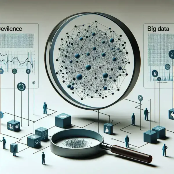 "Visual representation of big data analytics applied to epidemiological surveillance and outbreak prevention, showcasing data graphs and health monitoring systems."