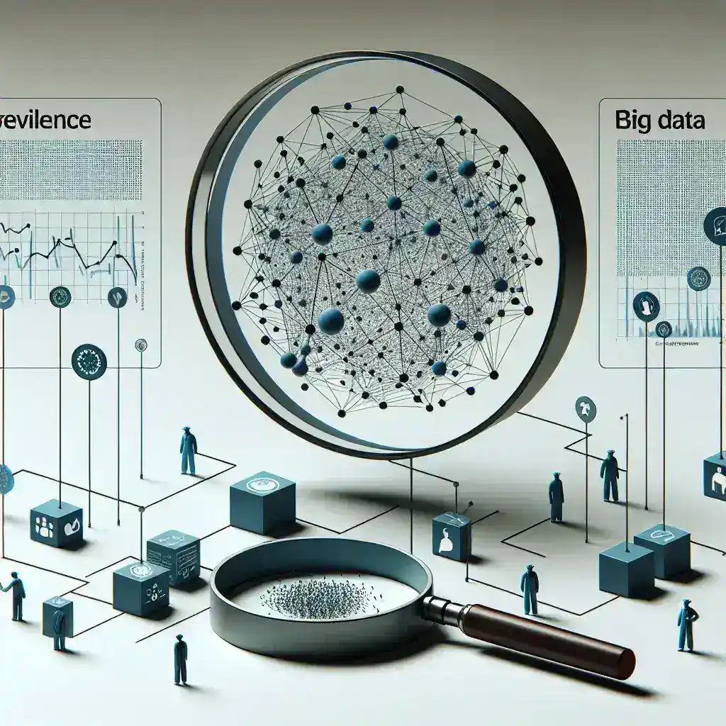 "Visual representation of big data analytics applied to epidemiological surveillance and outbreak prevention, showcasing data graphs and health monitoring systems."