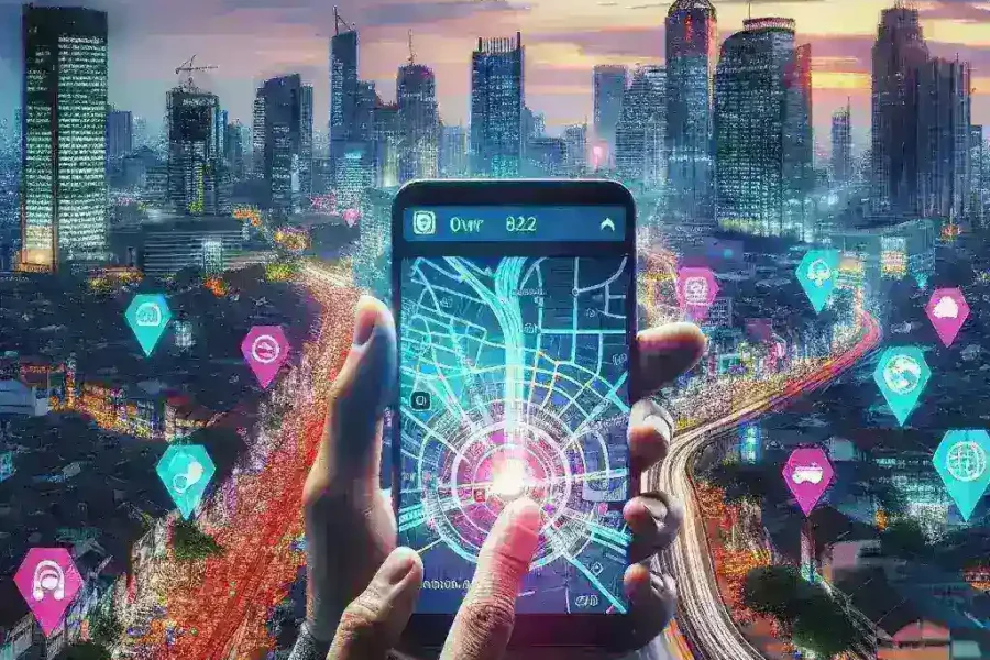"Jakarta city navigation app interface showcasing real-time data integration for improved urban mobility"