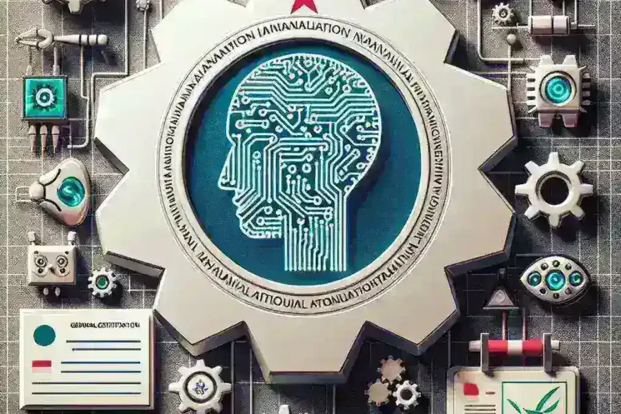 "Ilustrasi Sertifikasi Nasional untuk Penyedia Layanan Kecerdasan Buatan oleh Kominfo - Gambar menunjukkan logo Kominfo dan simbol kecerdasan buatan, menggambarkan inisiatif pemerintah dalam meningkatkan standar layanan AI di Indonesia."