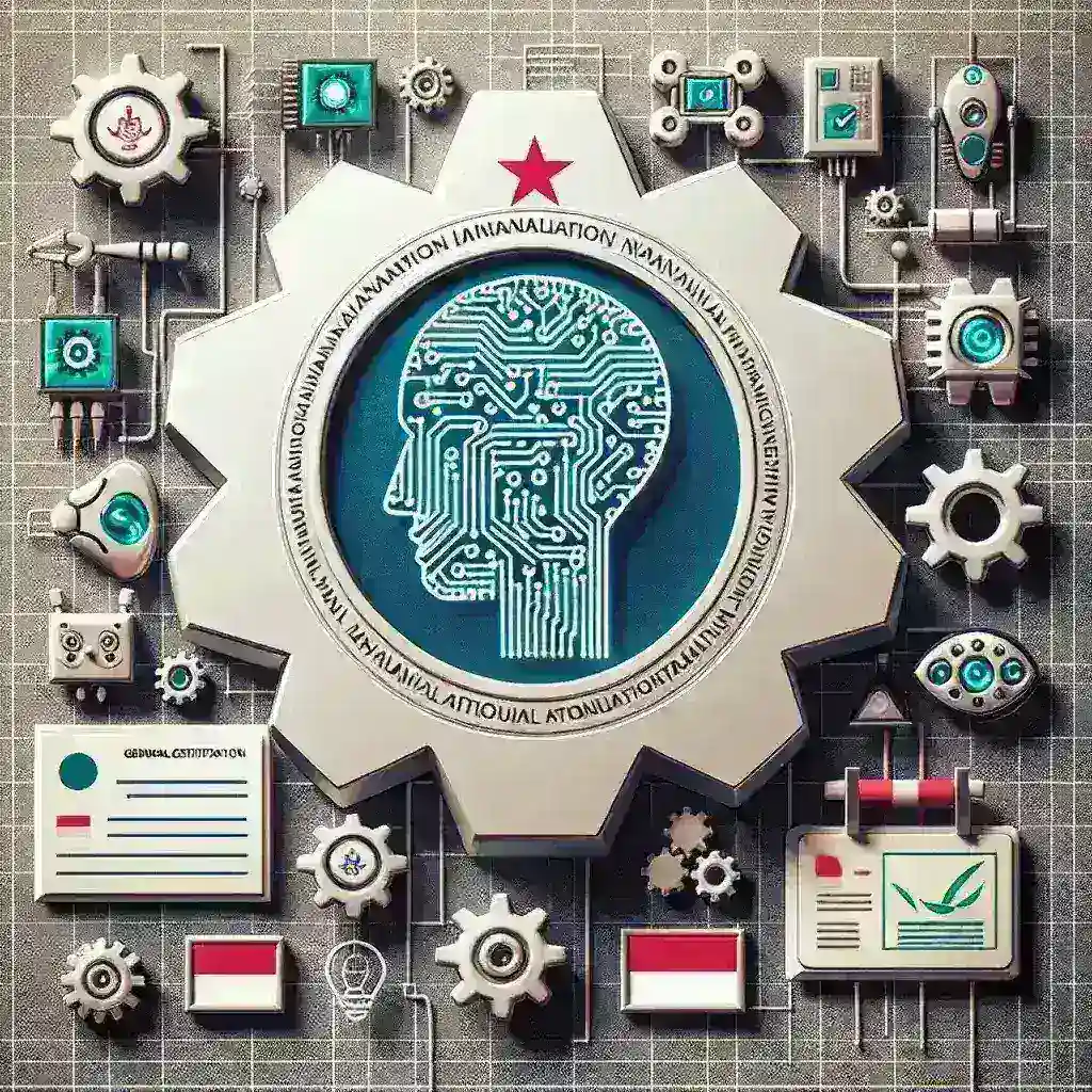 "Ilustrasi Sertifikasi Nasional untuk Penyedia Layanan Kecerdasan Buatan oleh Kominfo - Gambar menunjukkan logo Kominfo dan simbol kecerdasan buatan, menggambarkan inisiatif pemerintah dalam meningkatkan standar layanan AI di Indonesia."