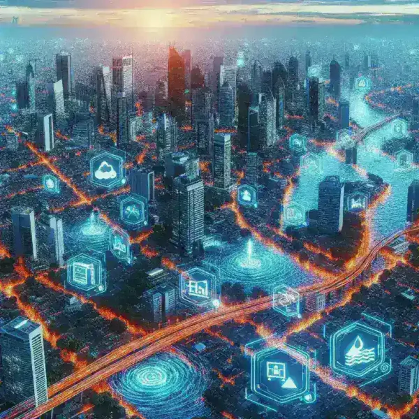 "Jakarta's digital twin technology during flood evacuation testing, showcasing real-time simulations for disaster management strategies."