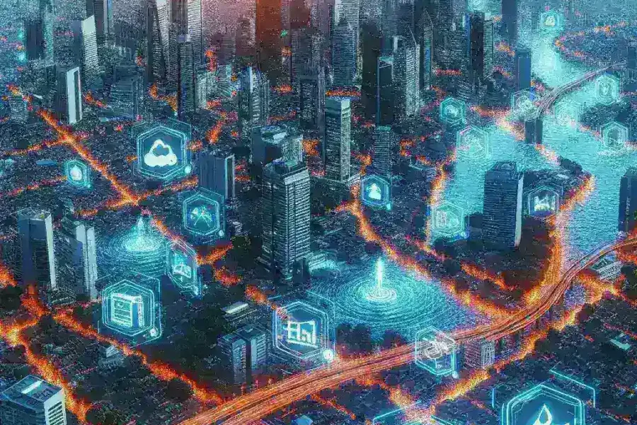 "Jakarta's digital twin technology during flood evacuation testing, showcasing real-time simulations for disaster management strategies."